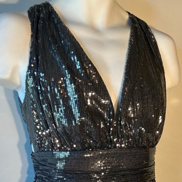 Verte SZ S  Blue Gray Grecian Halter Cut Sequin Maxi old glamour party prom - Picture 2 of 13
